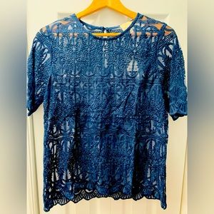 Anthropologie Navy Blue Sheer Lace Top US 8